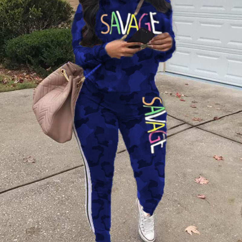 Conjunto de dos piezas de top y pantalón de manga larga con estampado de letras para mujer, informal, de talla grande