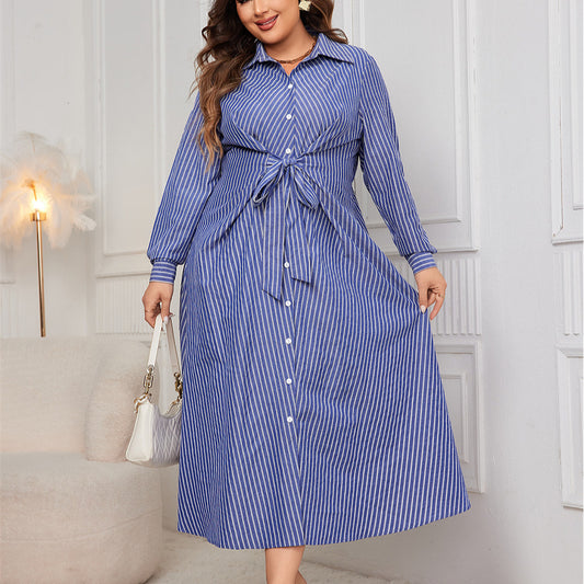 Women Fashion Casual Plus Size Stripe Lace-Up Lap Long Sleeve Shirt Dress