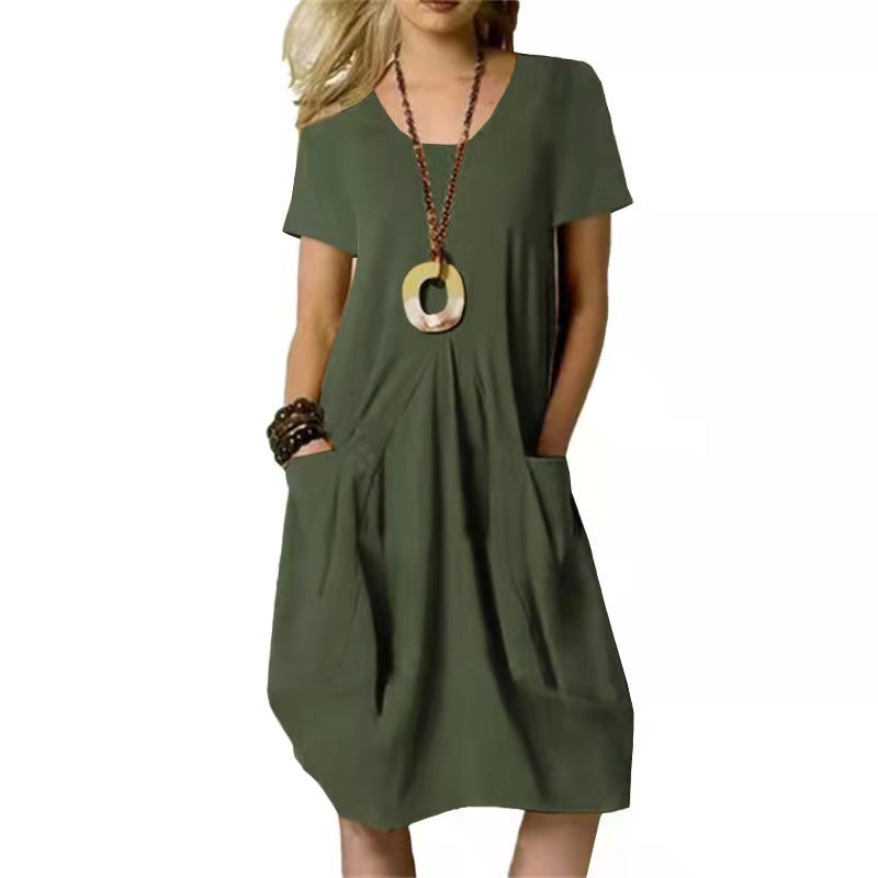 Women'S Fashion Casual Cotton Linen Solid Color Loose Round Neck Short Sleeve Dress