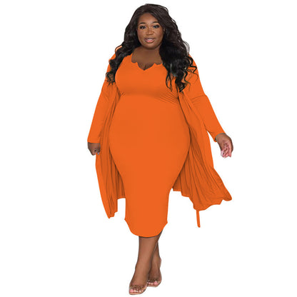 Conjunto de dos piezas de chaqueta y vestido de manga larga informal de talla grande para mujer