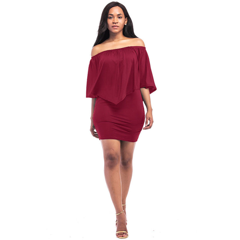 Fashion Sweet Off-Shoulder Summer Women Solid Color Casual Dress