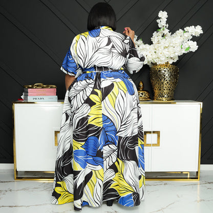 Women Plus Size Summer Floral Printed Casual Long Sleeve Maxi Dress