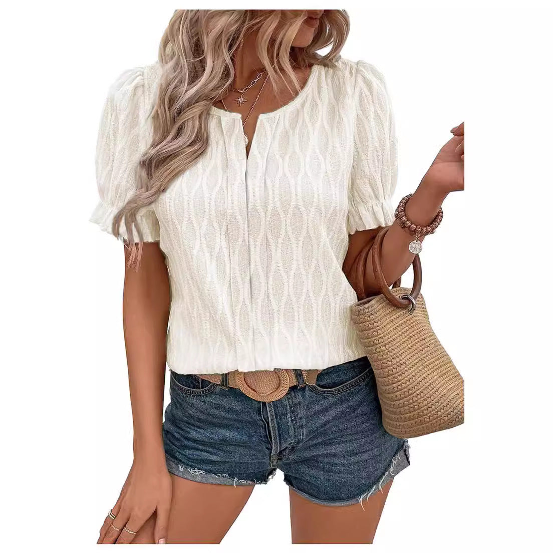 Blusa informal de jacquard de color liso con cuello en V y mangas abullonadas para mujer