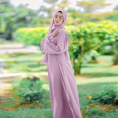 Women Casual Solid Color Lace Patchwork Abaya Long Sleeve Maxi Dress With Turban