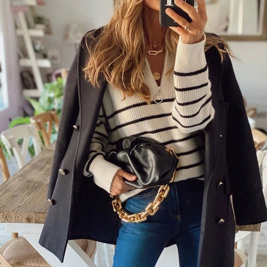 Suéter informal de cuello alto con cremallera y rayas a la moda para mujer