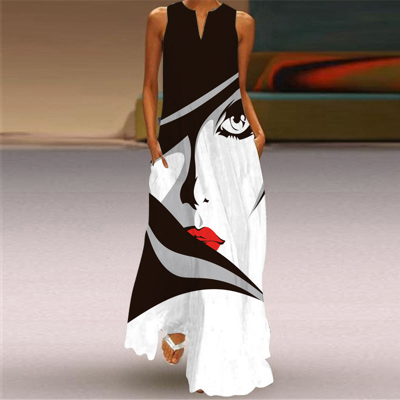 Summer Women Casual Bohemian Sleeveless Maxi V-Neck Vintage Character Print Dress