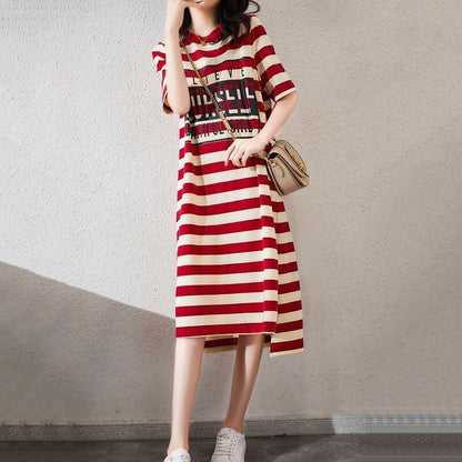 Women Casual Loose Stripe Printed Short Sleeve Dress