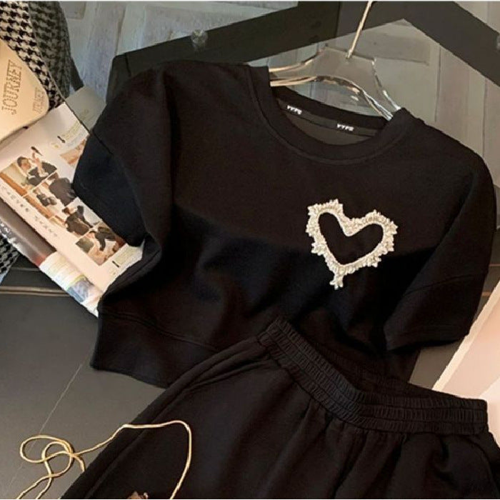 Solid Color Casual Sports Women Summer Fashionable Heart Short-Sleeve T-Shirt Shorts Two-Piece Set
