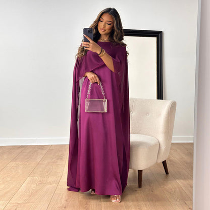 Women Fashion Casual Solid Color Round Neck Loose Abaya Chiffon Maxi Dress