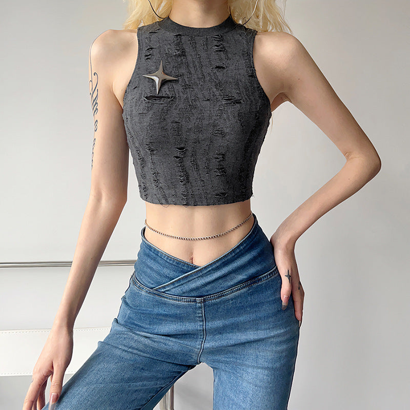 Top corto sin mangas con estrellas esmeriladas informal a la moda para mujer