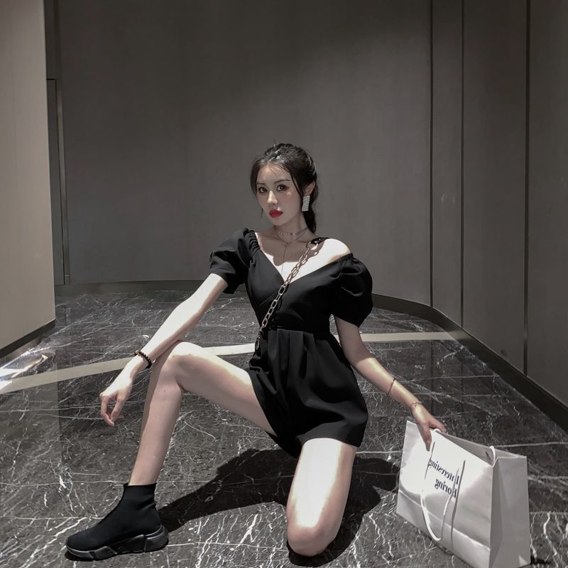 Mono informal de gasa con mangas farol y cuello en V para mujer