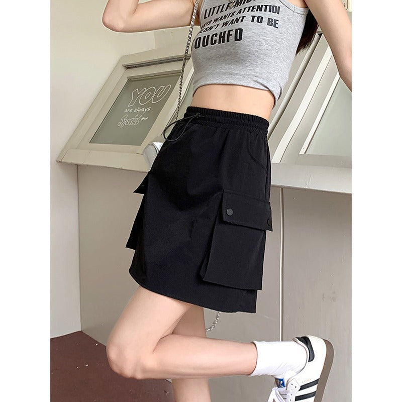 Summer Women Fashion Casual Solid Color High Waist Drawstring Skirt