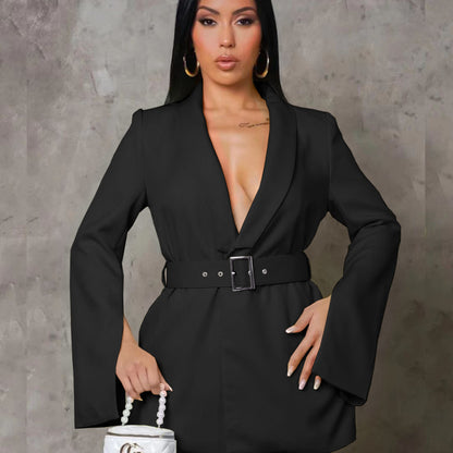 Women Fashion Casual Deep V Long Sleeve Blazer Dress Belt