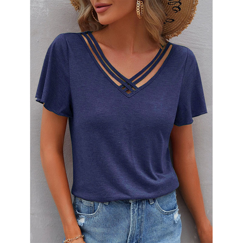 Camiseta informal de verano para mujer, con cuello en V y manga corta