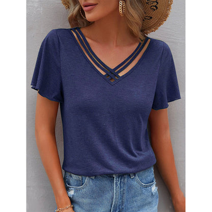 Camiseta informal de verano para mujer, con cuello en V y manga corta