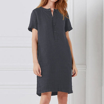 Cotton Linen Loose Short-Sleeved Mid-Length Women Solid Color Casual Dress
