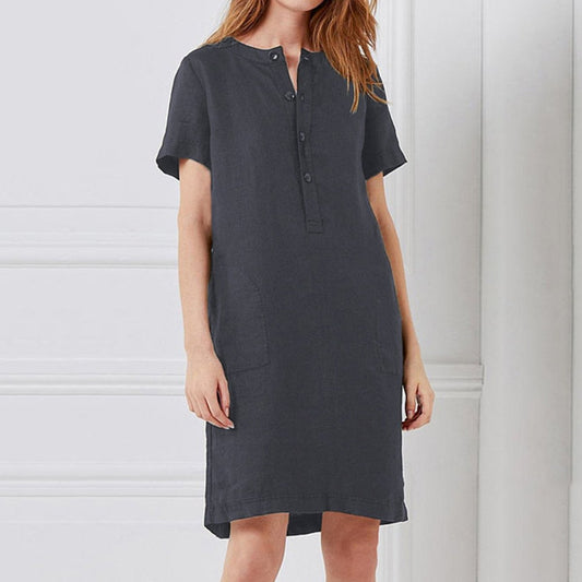 Cotton Linen Loose Short-Sleeved Mid-Length Women Solid Color Casual Dress
