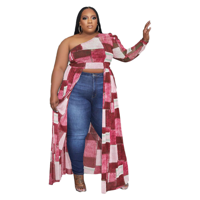 Plus Size Women Night Out Creative Color Blocking Fashion Casual Plaid Print Dress Irregular Top