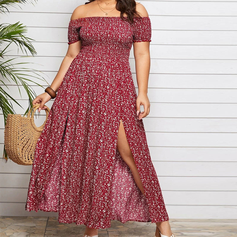 Women Plus Size Casual Bohemian Floral Print Off Shoulder Slit Maxi Dress