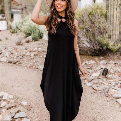 Spring And Summer Strapless Casual Comfortable Halter Neck Long Pocket Dress