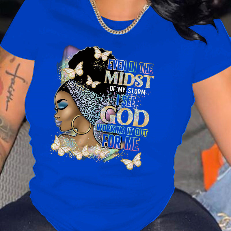 Women Casual Loose Plus Size Round Neck Short-Sleeved Pretty Girl Graphics Colorful Printed T-Shirt
