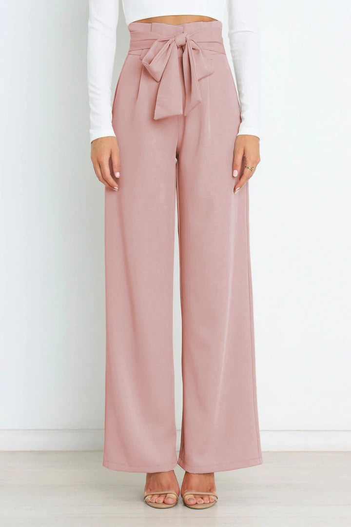 Pantalones casuales de cintura alta con lazo y cordones de color liso a la moda para mujer