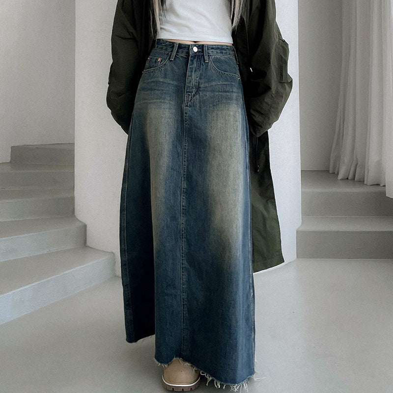 Women Denim Low Waist Loose Casual Long Skirt