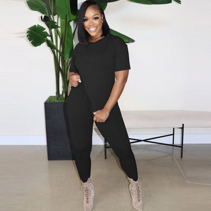 Women Casual Solid Color Plus Size Round Neck Short Sleeve Top Tight Pants Two-Piece Set