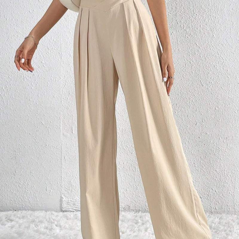 Pantalones anchos plisados de color liso, elegantes e informales para mujer