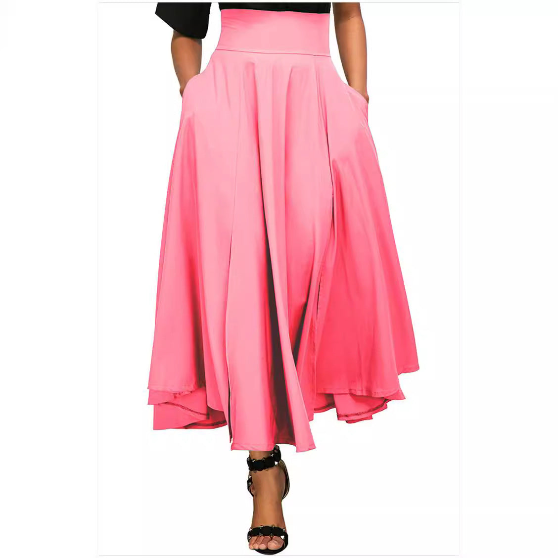 Women Fashion Casual Solid Color High Waist Pocket Pleated Skirt