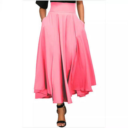 Women Fashion Casual Solid Color High Waist Pocket Pleated Skirt