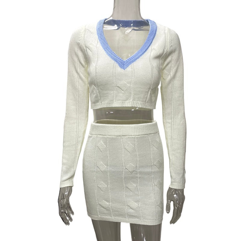 Autumn Winter Women Fashion Casual V-Neck Long Sleeve Crop Sweater Skirt Set