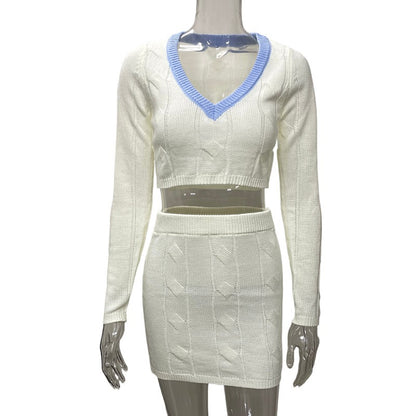 Autumn Winter Women Fashion Casual V-Neck Long Sleeve Crop Sweater Skirt Set