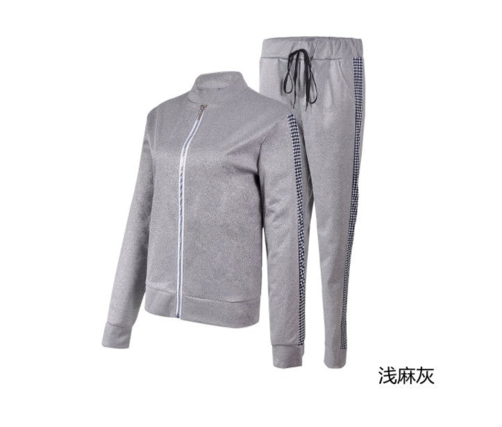 Women Long-Sleeved Top And Pants Leisure Stitching Plaid Casual Suit