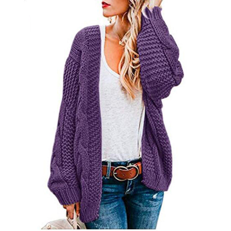 Suéter cárdigan de punto suelto de color sólido de longitud media informal para mujer de moda de invierno y otoño