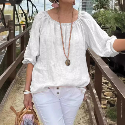 Women Casual Solid Color Round Neck Cotton Linen Plus Size Top
