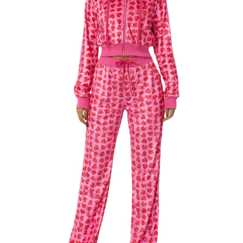 Conjunto informal de dos piezas con capucha y pantalones de cintura alta y top de manga larga con estampado de corazón para mujer
