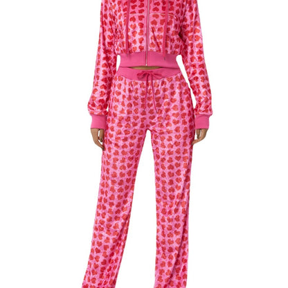 Conjunto informal de dos piezas con capucha y pantalones de cintura alta y top de manga larga con estampado de corazón para mujer