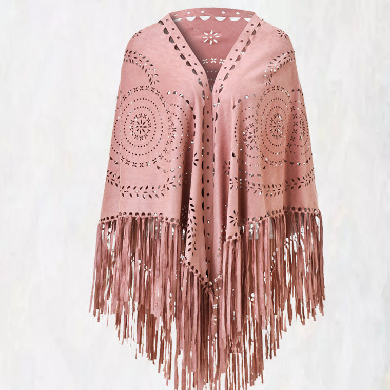 Abrigo chal con borlas huecas de ante de color liso informal a la moda para mujer