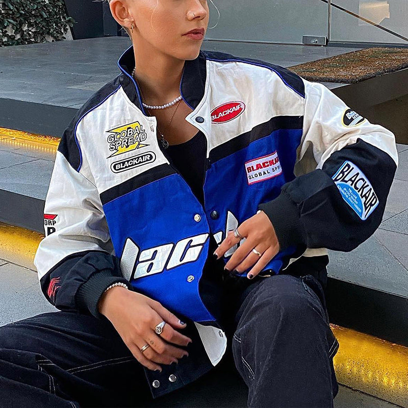 Chaqueta de béisbol de motociclista de manga larga informal con estampado de bloques de color estilo deportivo a la moda para mujer