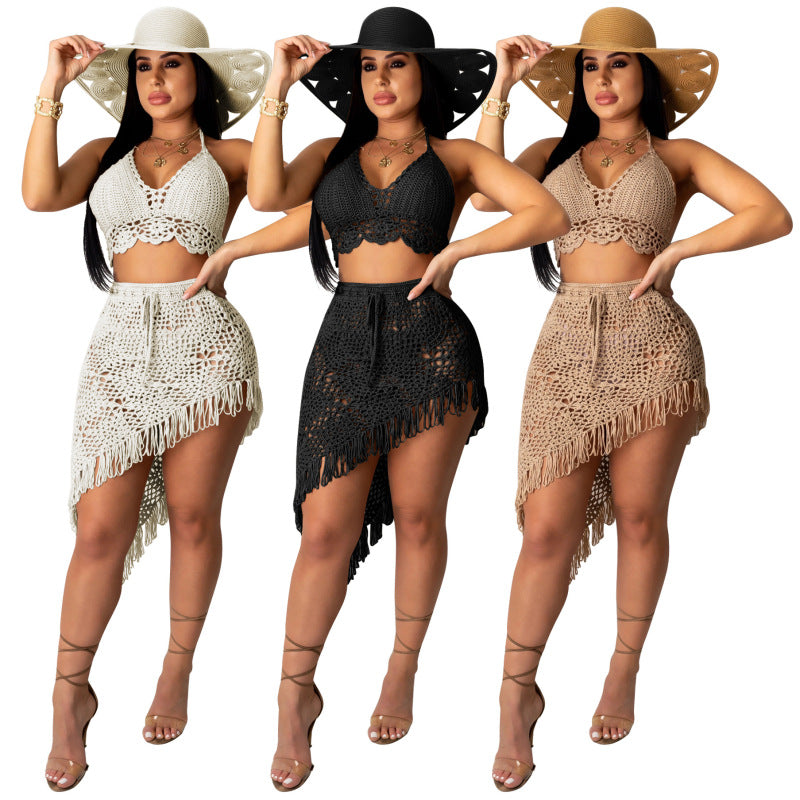 Traje de baño de dos piezas con borlas, informal, sexy y calado para mujer