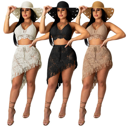 Traje de baño de dos piezas con borlas, informal, sexy y calado para mujer