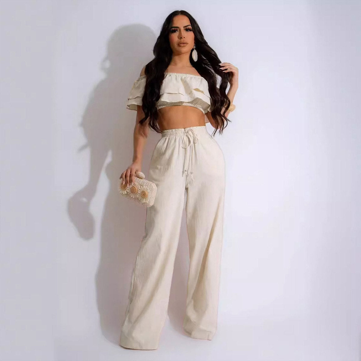 Women Fashion Casual Ruffled Off Shoulder Crop Top Drawstring Pants Two-Piece Set