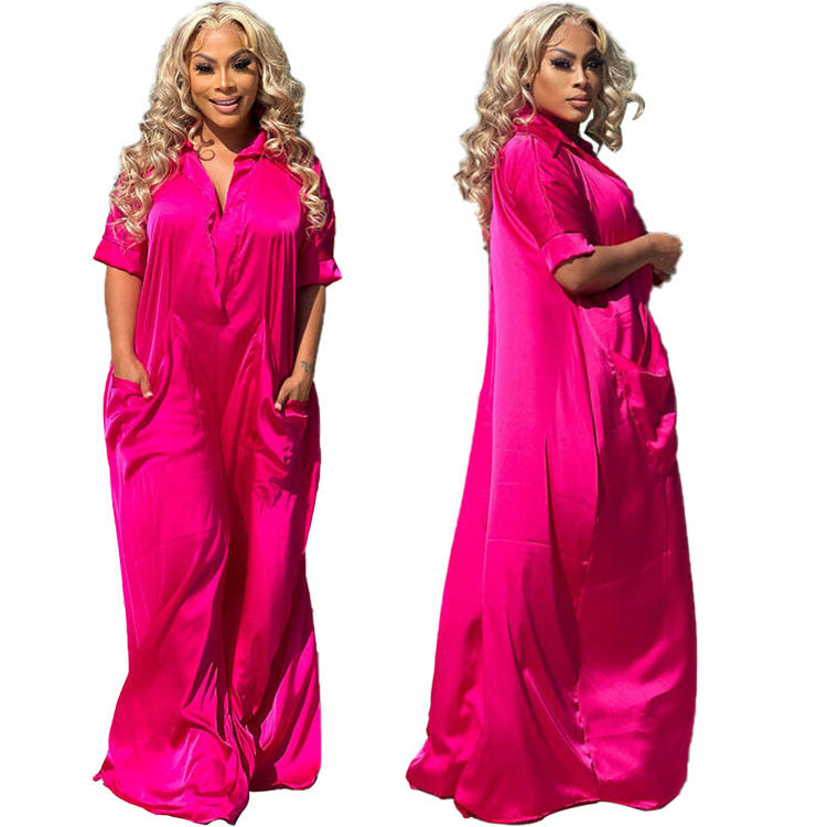 Women Casual Summer Elegant Short Sleeves Fashion Satin Solid Color Loose Jumpsuits