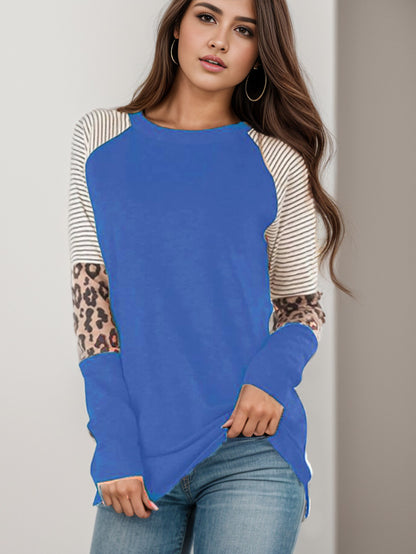 Camiseta informal de manga larga con cuello redondo y rayas de leopardo para mujer de otoño