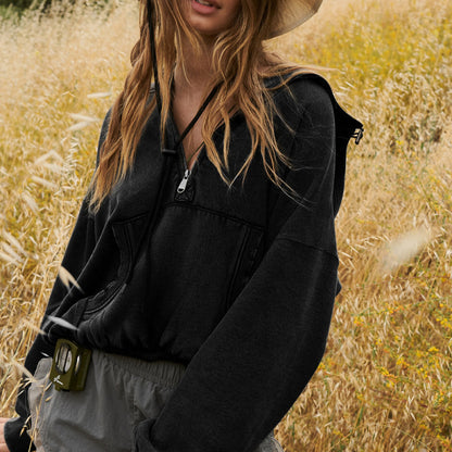 Sudadera informal de cuello alto con cremallera y color liso para mujer