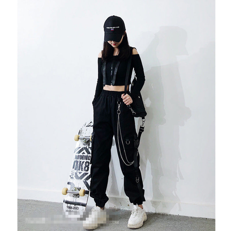 Women Casual Hip-hop Straight Loose Cargo Jogger Pants With Chain