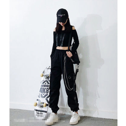 Women Casual Hip-hop Straight Loose Cargo Jogger Pants With Chain