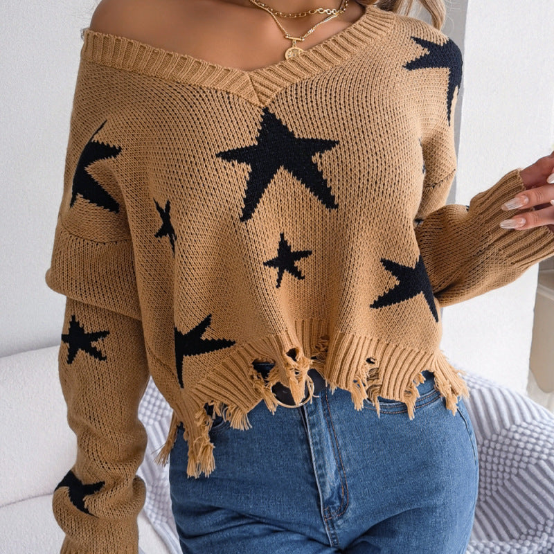 Autumn Winter Women Fashion Casual V-Neck Star Hole Long Sleeve Knitted Sweater