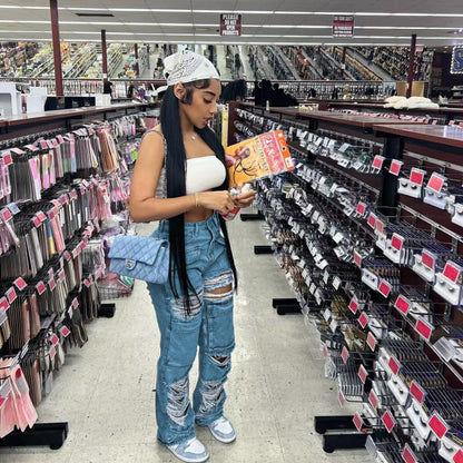 Pantalones vaqueros rectos rasgados casuales para mujer